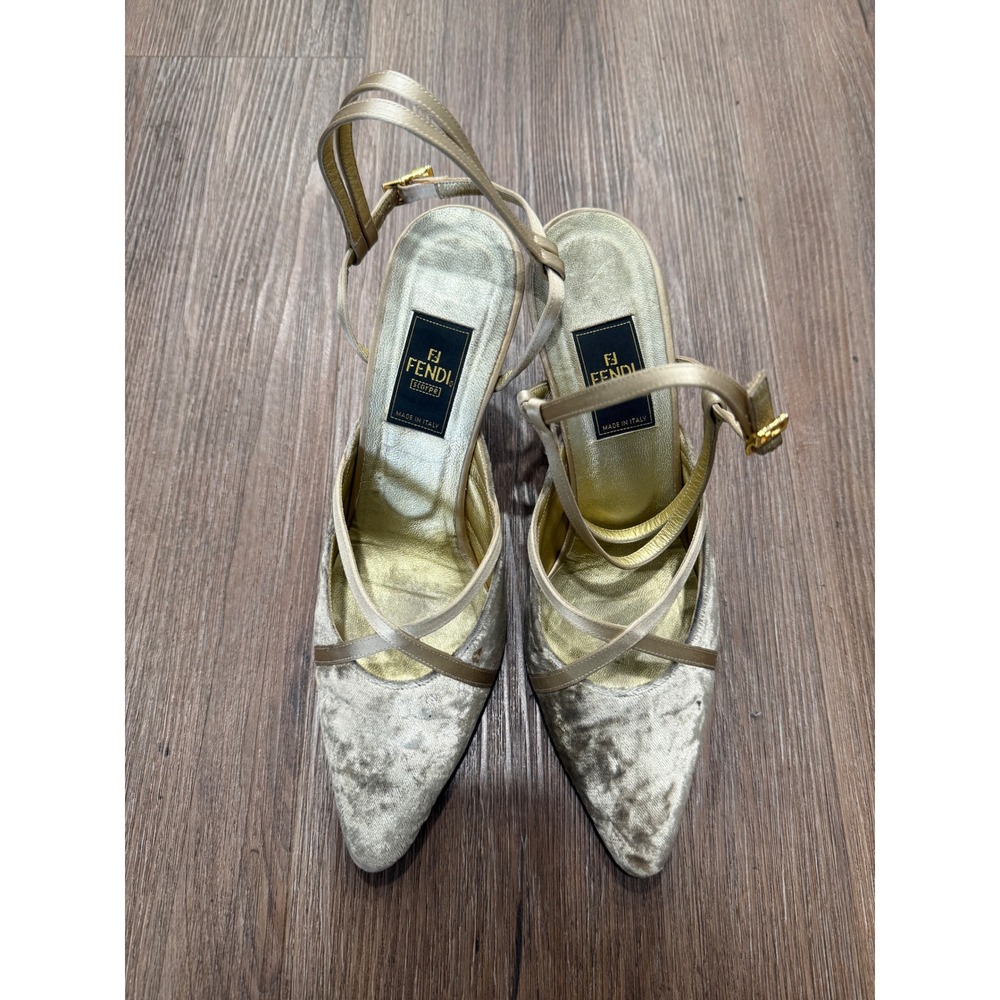 Fendi Vintage Champagne Velvet Gold Slingback Pumps Heels Made in Italy‎ 9.5M